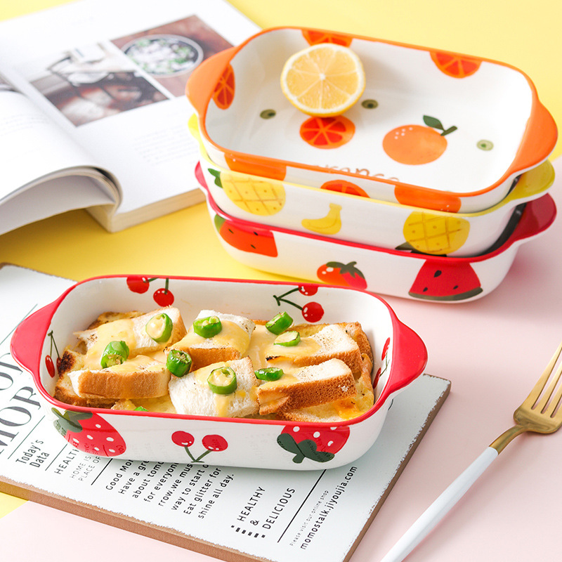 水果陶瓷长方形双耳盘子/网红创意北欧烤箱用具餐具碗产品图