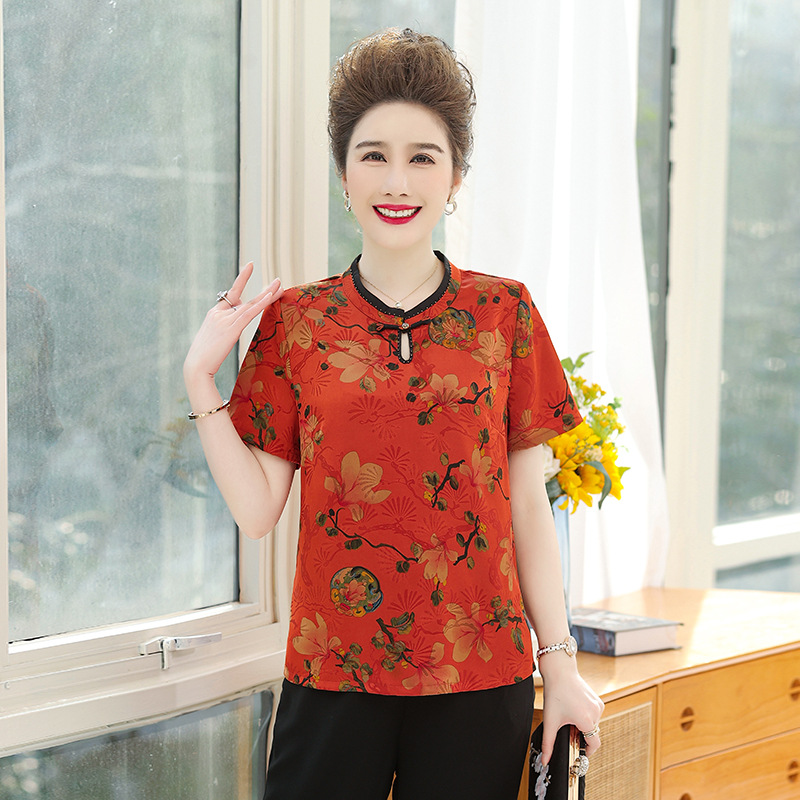 New Spring and Autumn round-neck pullovers chiffon top for middle-aged and elderly mothers. Women's fashion, large-sized breathable Chinese-style short-sleeved outerwear Specification image