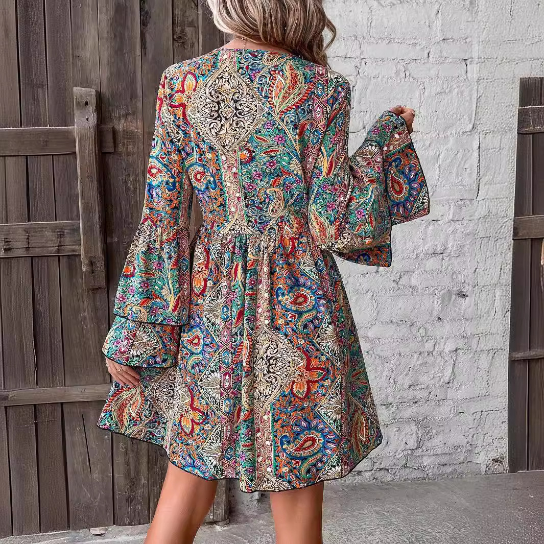 The new elegant women's floral printed V-neck flared sleeve dress for the spring of 2025 from Europe and America details Picture