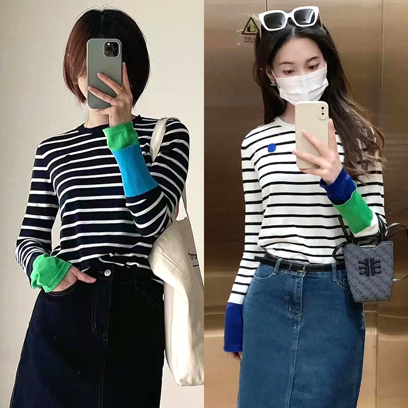 The 2023 Spring and Autumn new style women's cold base layer T-shirt with acetate cotton color-blocked sleeves, classic casual striped long-sleeved T-shirt