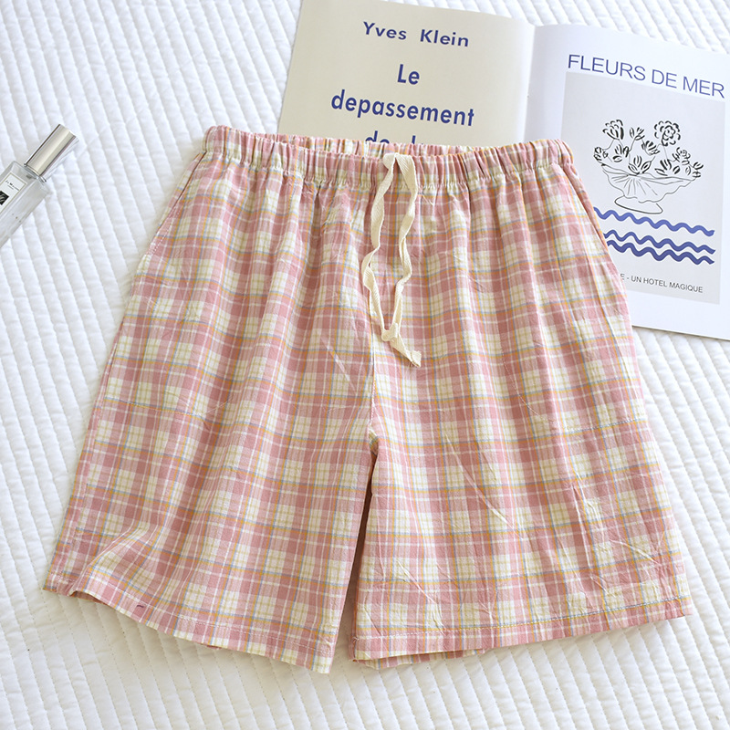 Summer new pure cotton washed cotton women's shorts, Japanese-style all-cotton outerwear pajama pants, classic checkered thin style breathable home Application Scenario
