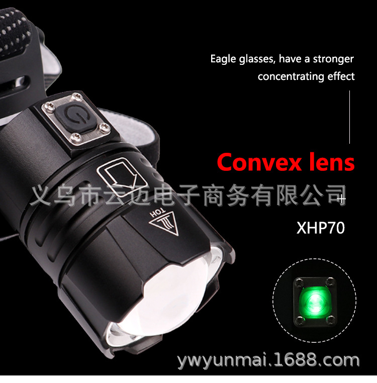 The new cross-border XHP70 telescopic zoom headlamp, USB charging, battery level display, large lens XHP70 strong headlamp pic 16