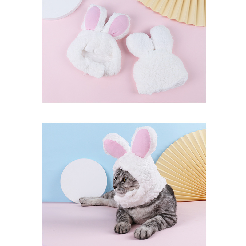 宠物用品亚马逊新款保暖猫咪头套 兔耳朵宠物帽子 羊羔绒猫咪帽子详情图4