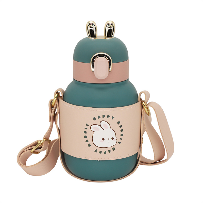 Wholesale of high-appeartion-level insulated cups for the Year of the Rabbit, children's stainless steel portable creative drinking cups for boys and girls, portable shoulder straps Item Picture