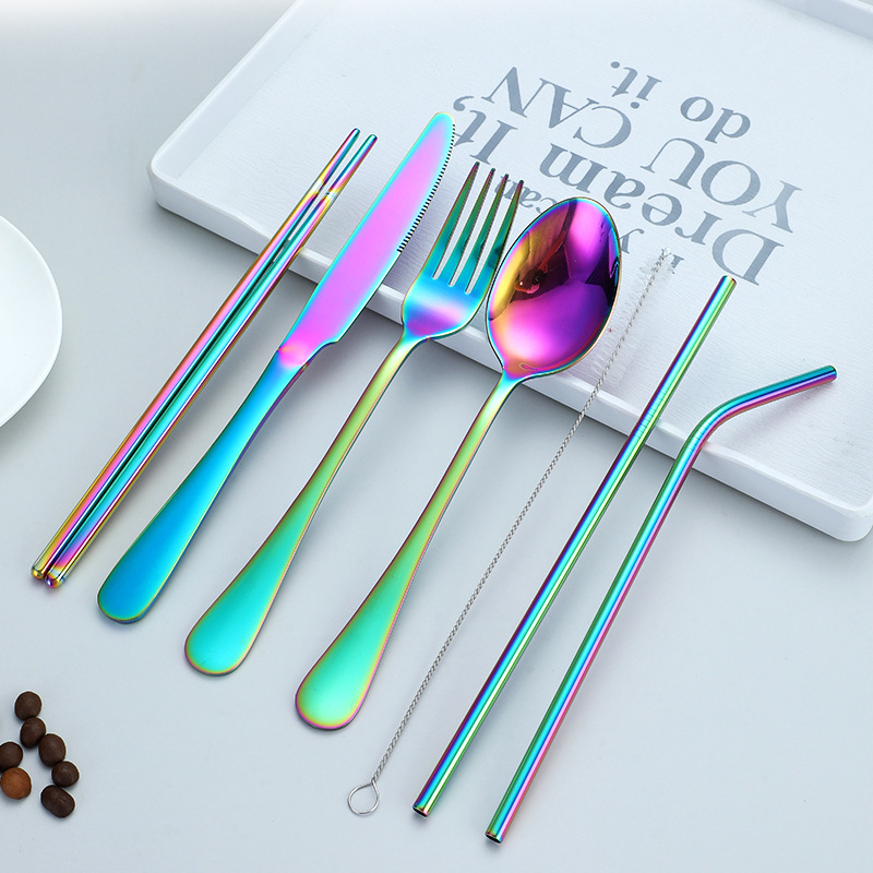 Amazon's best-selling 1010 stainless steel portable tableware 7-piece set, bagged camping colorful knife, fork, spoon and straw set Specification image