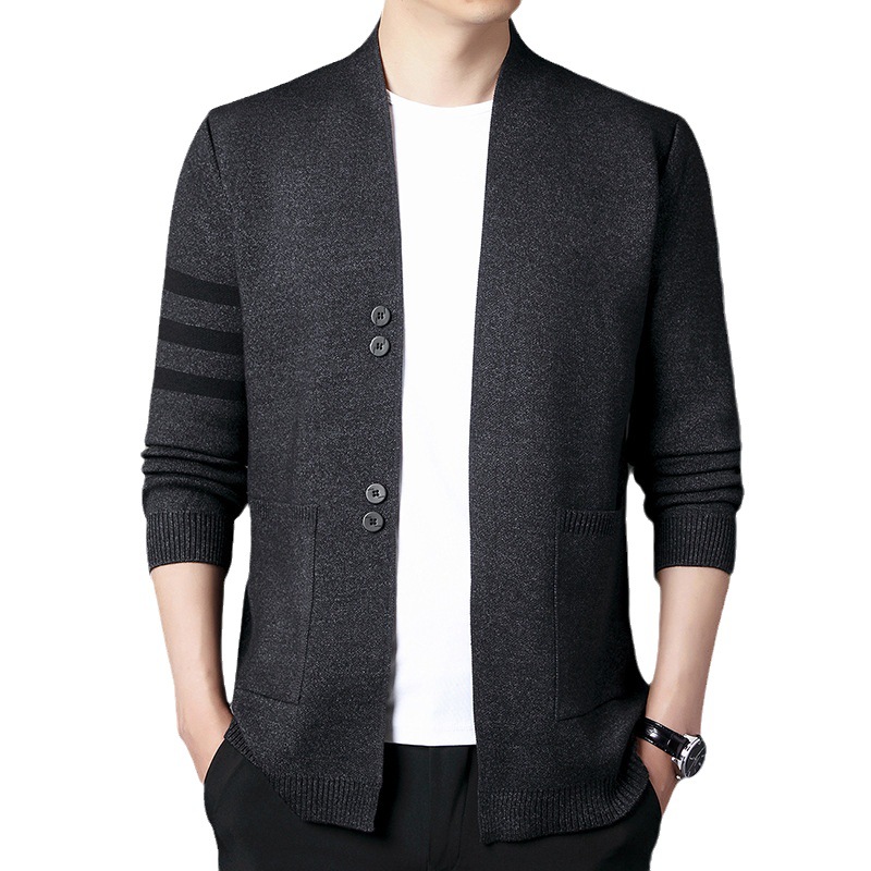 Men's 2023 autumn New V-neck knitted cardigan men's sleeve three-stripe fitted sweater casual jacket top Item Picture