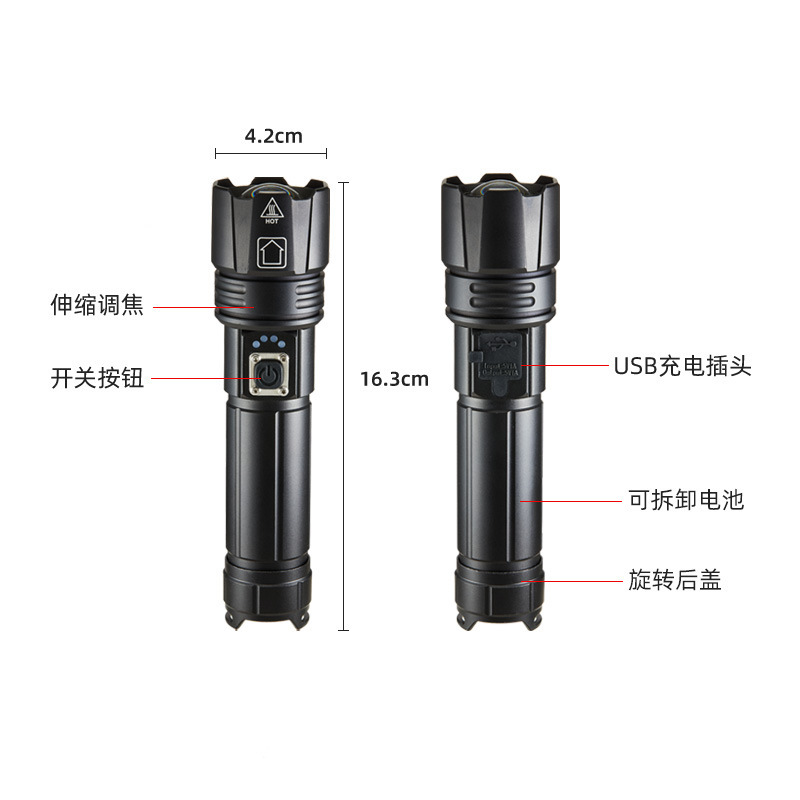 跨境新款XHP70强光手电USB充电变焦战术强光手电户外多功能手电筒详情图3