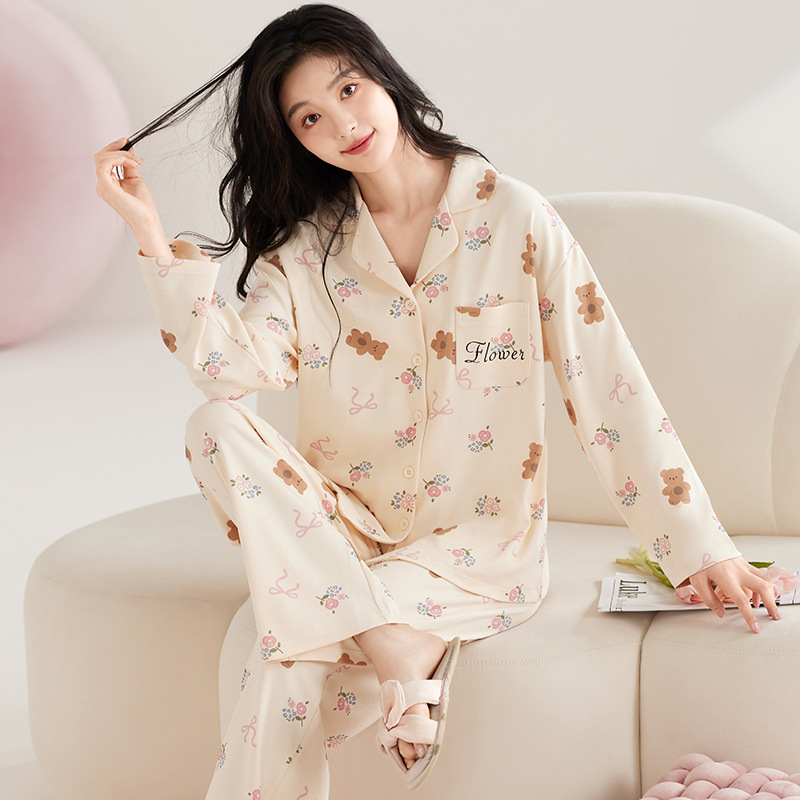 睡衣女春秋纯棉全棉2024年新款开衫长袖简约大码可外穿家居服套装