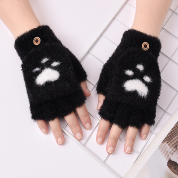 Cat-paw gloves for girls to keep warm in winter, thickened with fleece, trendy for students to write and ride, cute knitted half-finger flip gloves