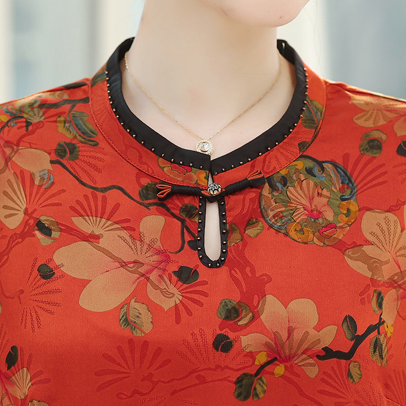 New Spring and Autumn round-neck pullovers chiffon top for middle-aged and elderly mothers. Women's fashion, large-sized breathable Chinese-style short-sleeved outerwear Application Scenario