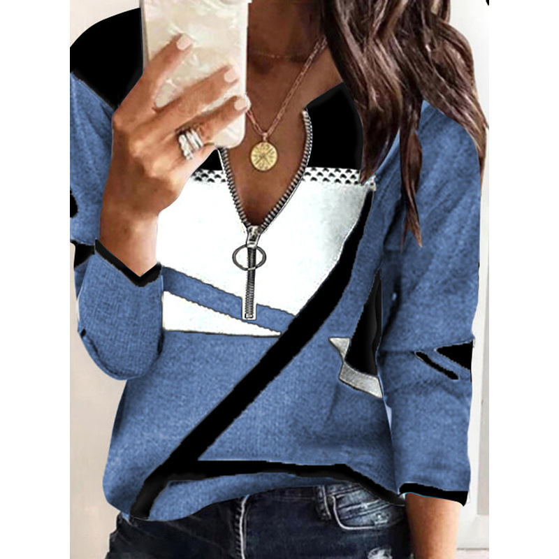 The 2021 Amazon cross-border Women's Clothing Autumn and Winter bestseller in Europe and America: A color-blocked V-neck zipper women's plus-size casual hoodie for women Application Scenario
