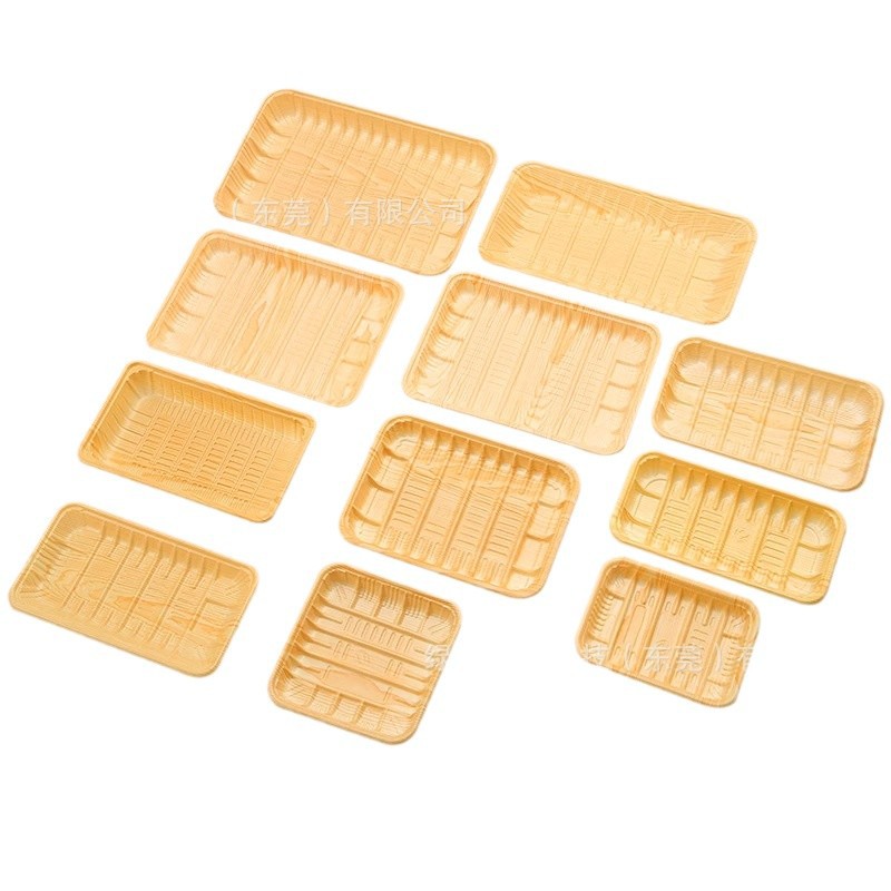 Disposable wood-grain trays for fruits and fresh produce, rectangular wood-grain imitation plastic beef and pork supermarket packaging boxes Item Picture