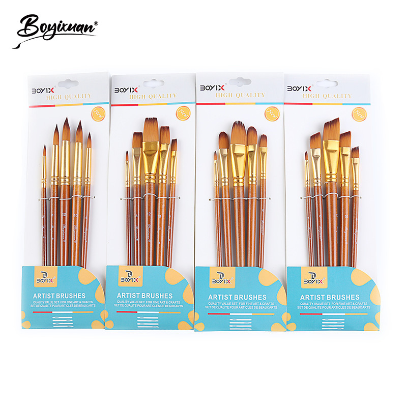 跨境现货橙杆5支水彩丙烯多用绘画套装学生diy尼龙画笔厂家直供