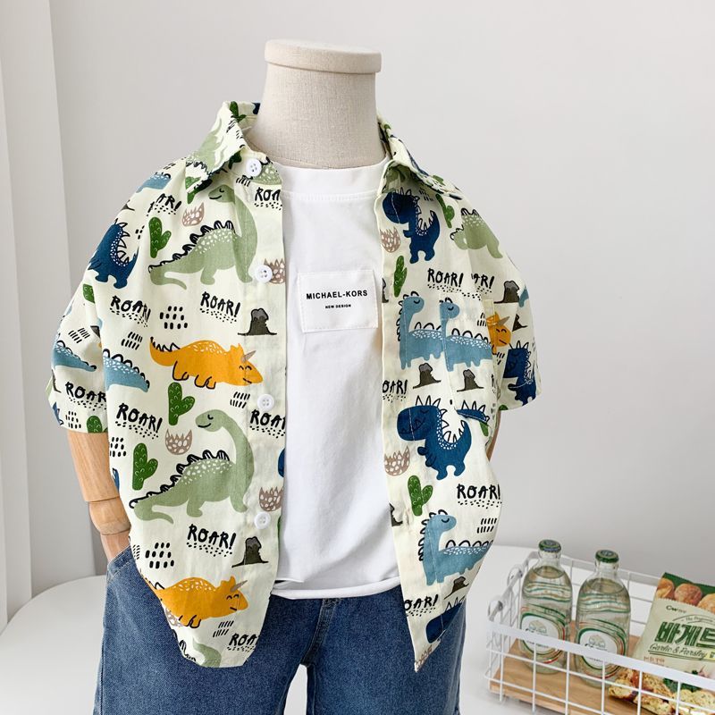 Boys' cartoon dinosaur shirt 2024 Summer new style small and medium-sized children's cool thin shirt, children's pure cotton top trendy