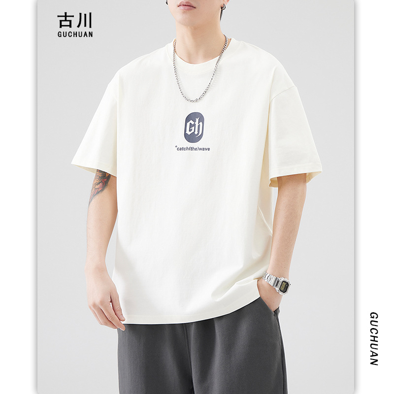 Furukawa Men's Wear: 2024 Summer Loose Retro short-sleeved simple printed men's pullovers, base layer and top