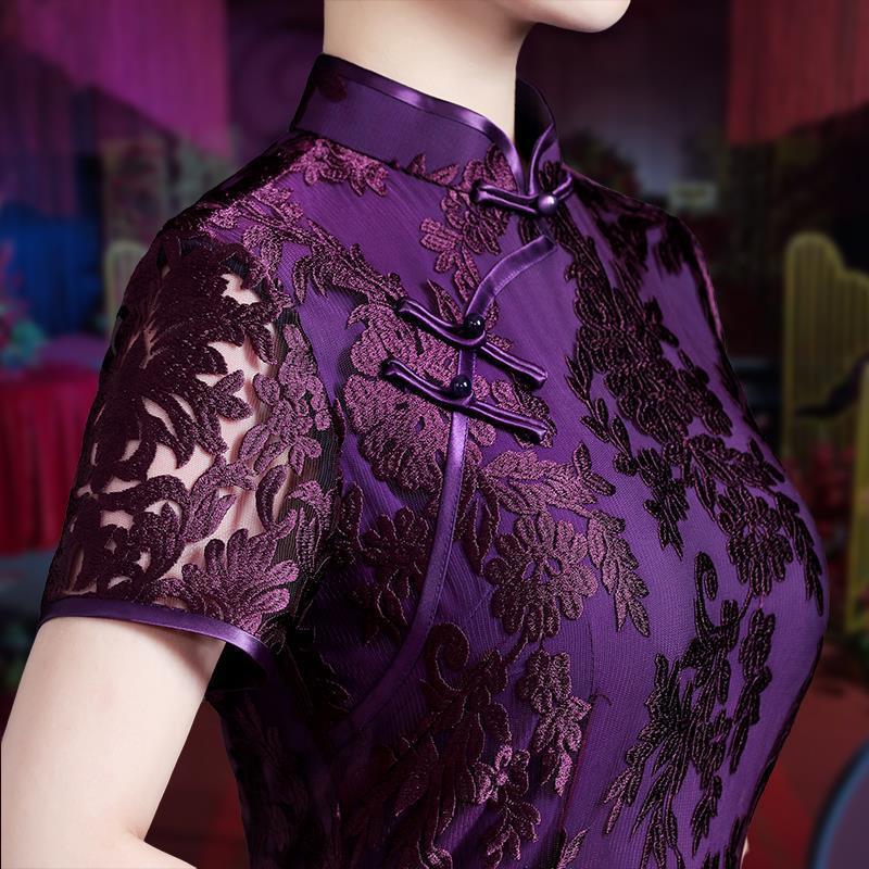 旗袍连衣裙夏女士改良民族风修身显瘦复古妈妈装时尚紫色中年礼服图