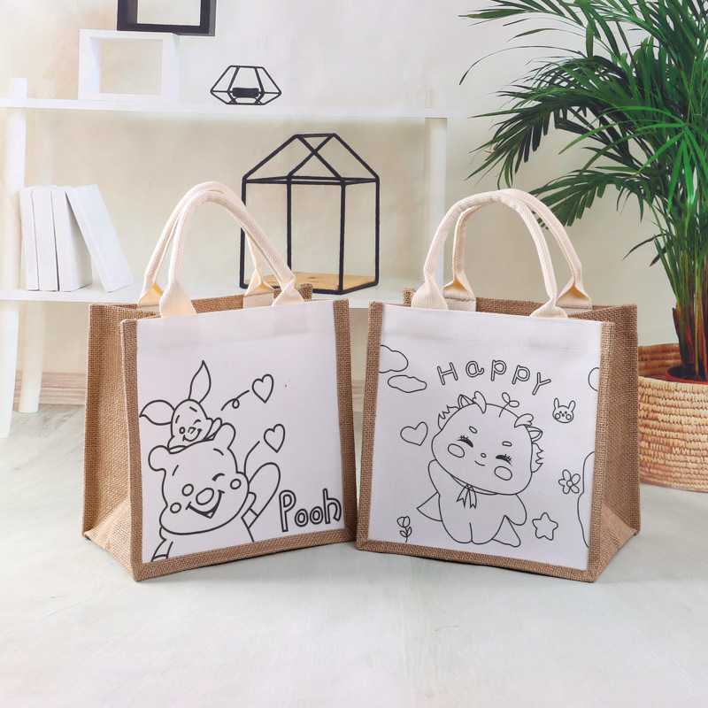 空白DIY麻布手提袋创意手绘儿童卡通动漫趣味覆膜黄麻布袋子现货