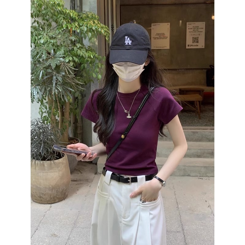 紫色修身短袖正肩t恤女2024新款夏季设计感小众辣妹短款上衣棉