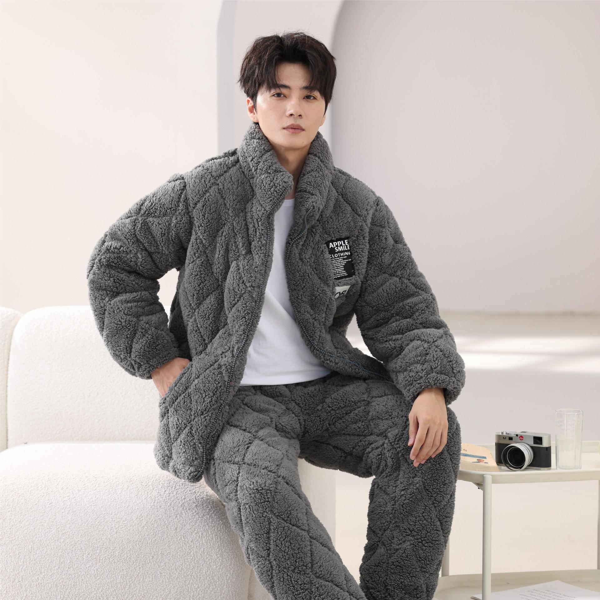 New winter youth lambskin men's pajamas with thickened and large-sized men's flannel cotton-padded home wear set