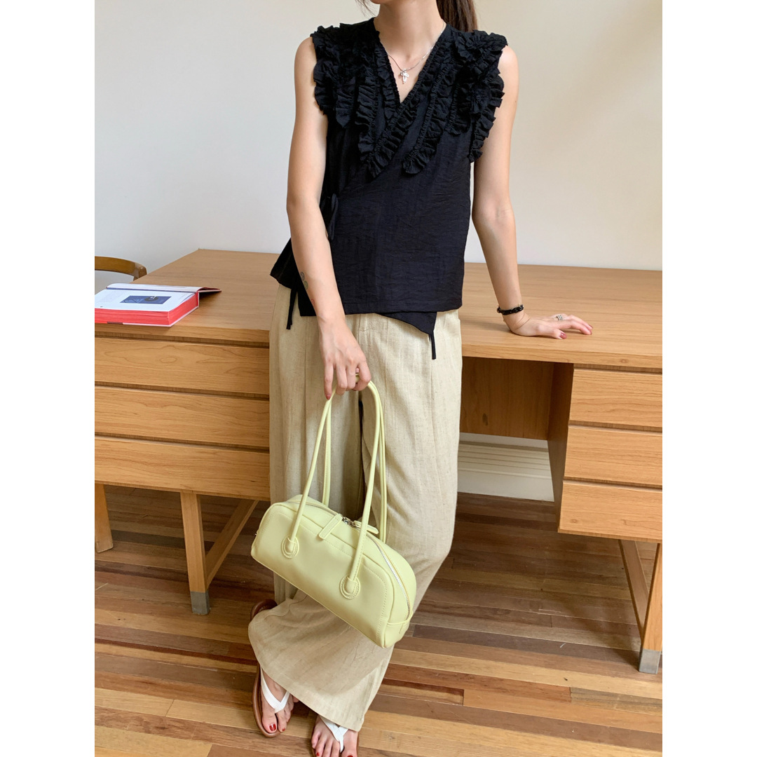 GAGD black ear-trimmed three-dimensional flower French linen vest with asymmetrical design sleeveless shirt and strap top