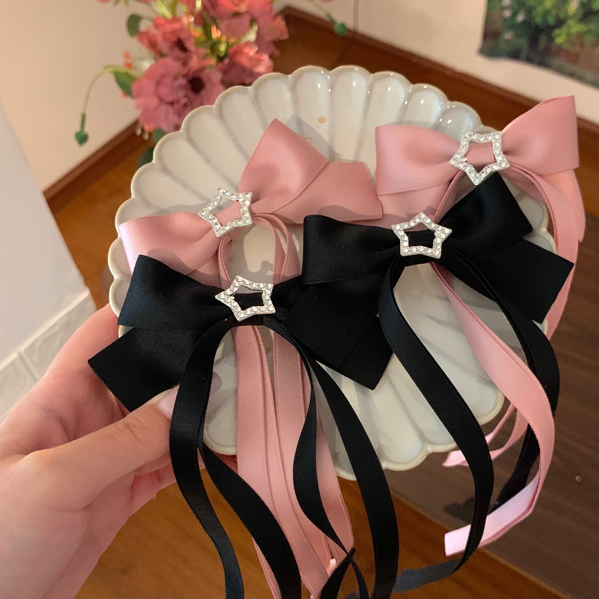 South Korea Pink Ribbon Bow Hair Clip Fashion Long Streamer Senior Sense Five-Pointed Star Hair Card Girl Hair Accessories Wholesale details Picture