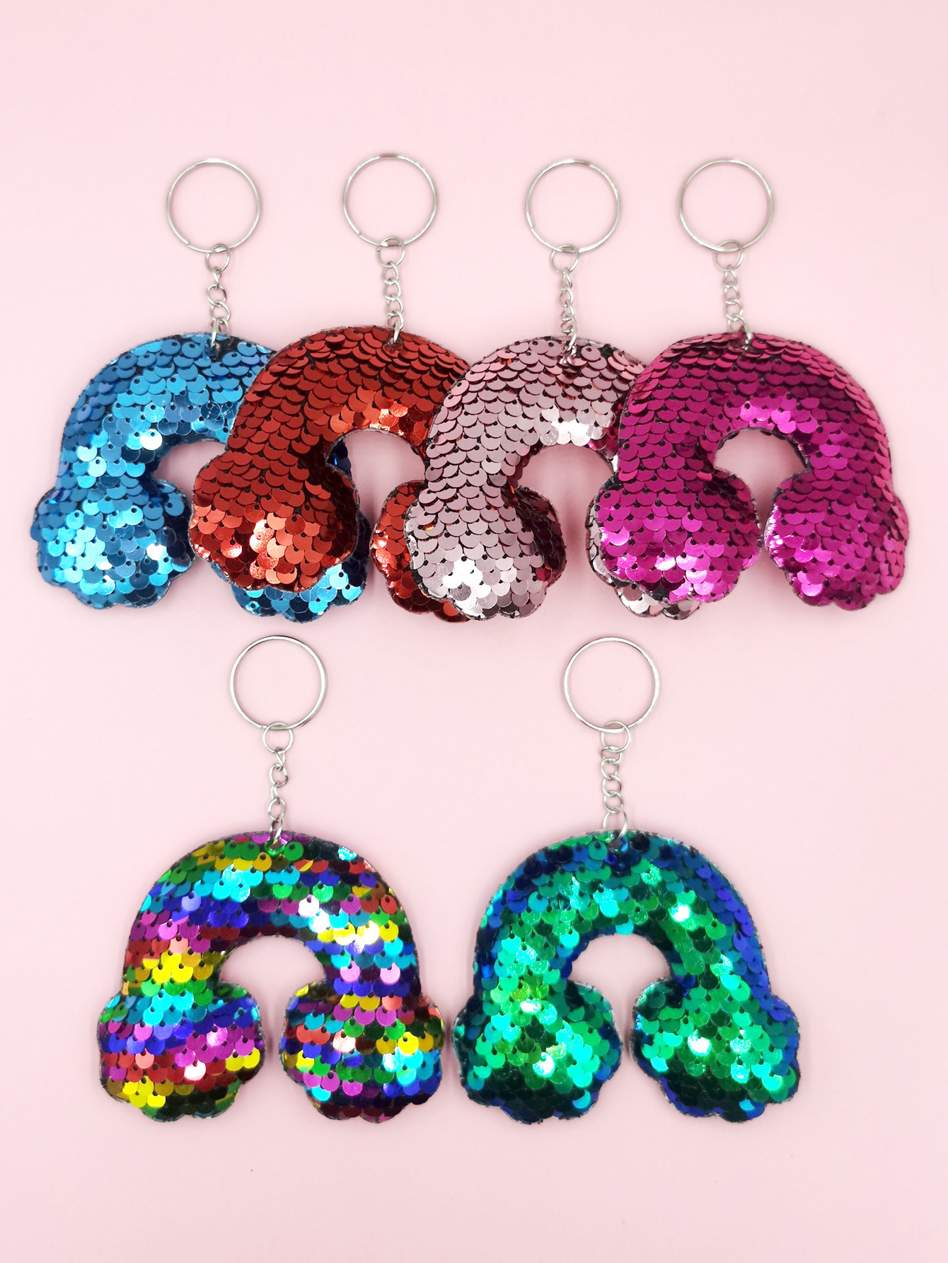 Cross-border set: 6 reflective double-sided flip cover sequin rainbow keychains, rainbow sequin small pendants, car ornaments details Picture
