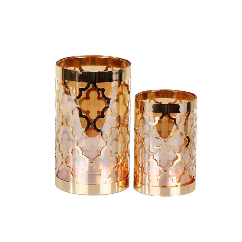 Light Luxury Gold Iron Hollow Geometric Glass Vase Model Room Home Living Room Dining Table Tv Cabinet Flower Decoration Item Picture