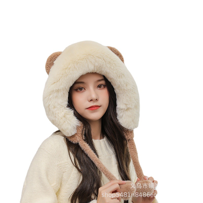 Winter Warm Cute Bear Ears Plush Hat Female Thickened Outdoor Cycling Winter Ski Hat Manufacturers Direct Sales Item Picture