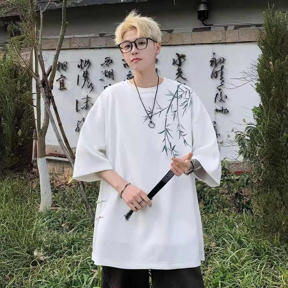 New Chinese-style bamboo short-sleeved T-shirt for men, summer ice silk thin seven-inch round neck loose men's half-sleeved shirt