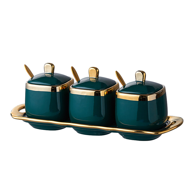 Light Luxury Phnom Penh Ceramic Seasoning Tank Kitchen Supplies Seasoning Tank Set Household Seasoning Box Three-Piece Salt Tank Wholesale Item Picture