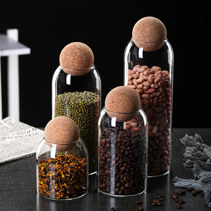 Glass bottle, spherical sealed jar, coffee bean storage box, kitchen grain storage jar, creative cork tea can