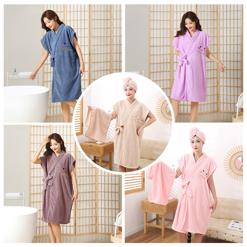 Wholesale of new Teak bathrobes, women's wearable bath towels, coral fleece thickened home cross-tied bath skirts and dry hair caps details Picture
