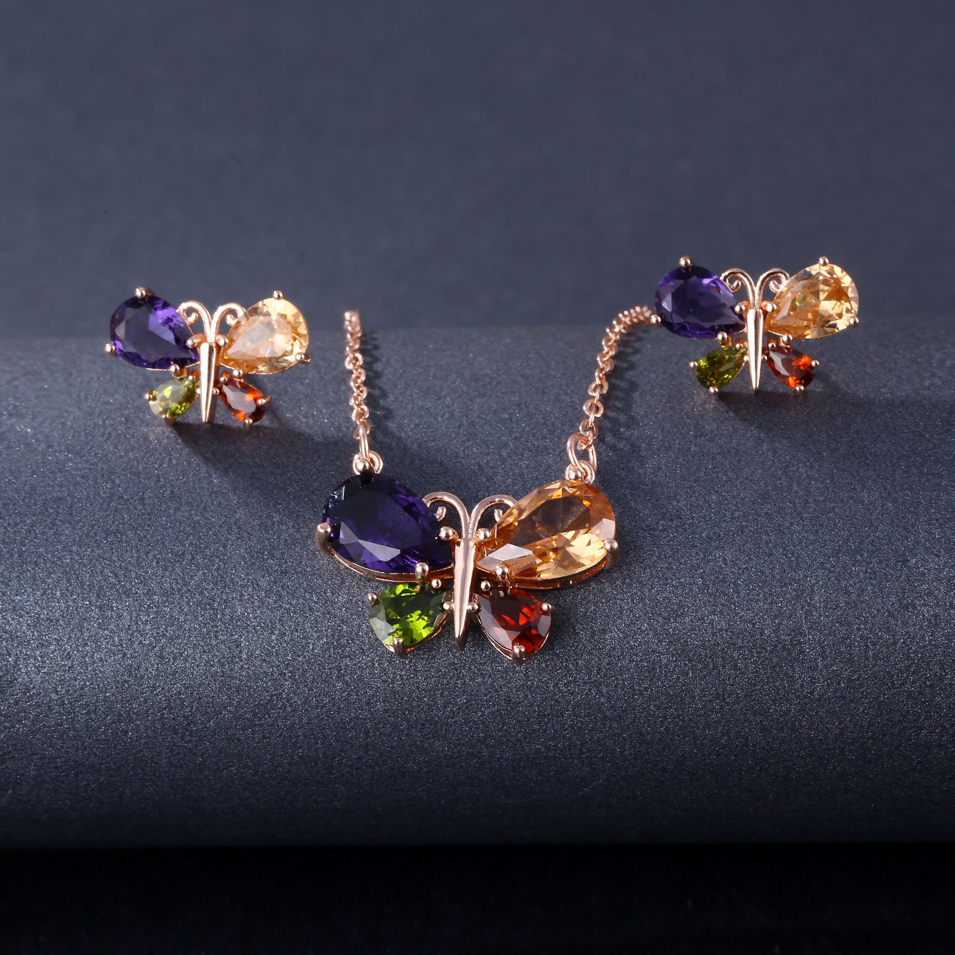 Kashi Rose Classic Diamond Zircon Seven-color crystal Butterfly Necklace Earring Set, fashionable European and American ear ring pendant
