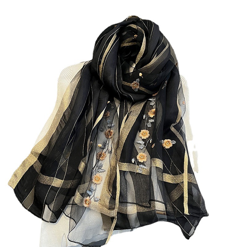Hangzhou Embroidered Silk Wool Scarf Female Spring And Autumn Mulberry Silk Embroidery Silk Scarf With Mother Cheongsam Gold Thread Shawl Item Picture
