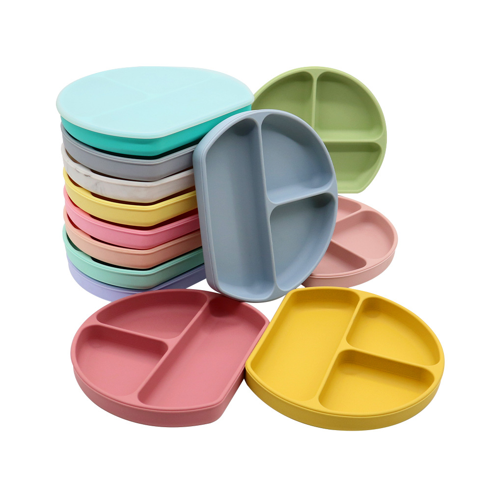 Ins-style infant and toddler tableware, fully silicone separated baby food plates, anti-drop with LIDS, patterned eating suction cups and plates full figure