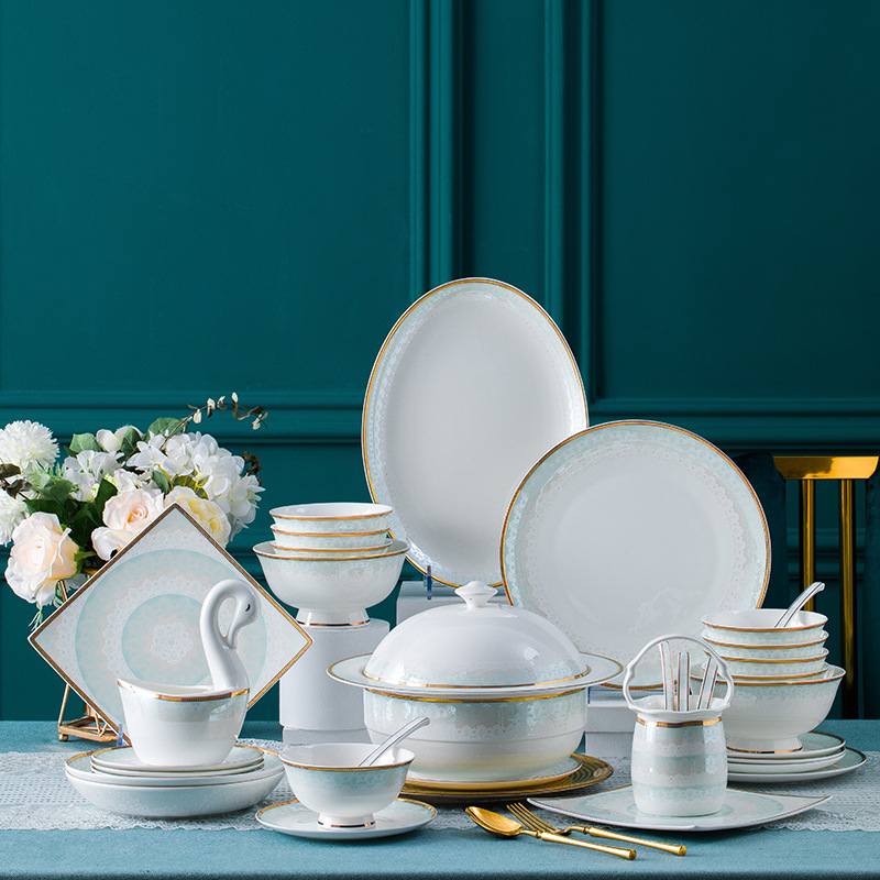 Jingdezhen High-Grade Bone China Tableware Set Northern Europe Bone China Bowl High-Grade Bowl Plate Ceramic Dish Household Full Set Of Light Luxury details Picture