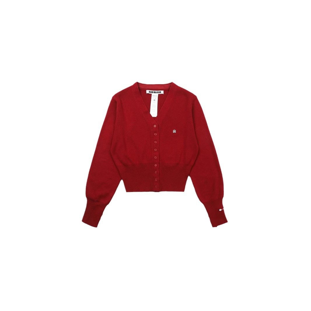 badblood red V-neck sweater, American retro laid-back style knitted cardigan with embroidery, slimming short coat for women Item Picture