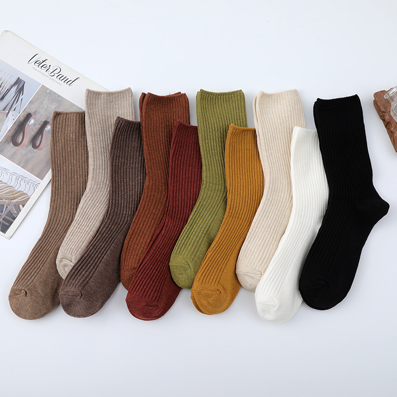 袜子女春季纯色双针中筒袜批发日系条纹时尚潮流韩国东大门堆堆袜