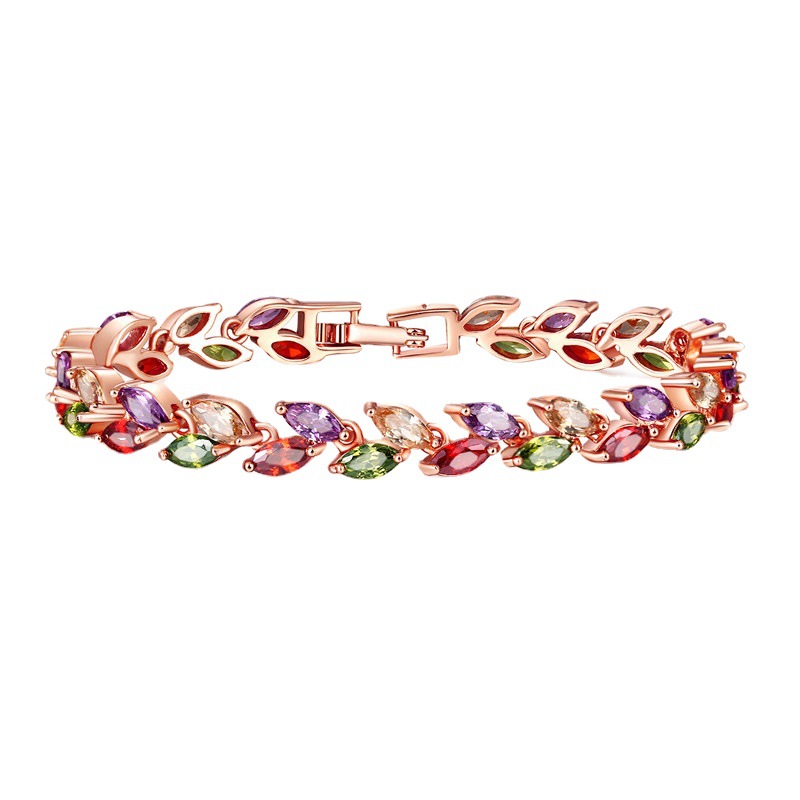 Seven-color crystal willow leaf bracelet, European and American bracelet accessories, fashionable copper zircon bracelet wholesale, wish Hot sale Item Picture