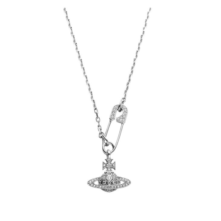 【 Cabinet Quality 】 vivienne Full Diamond brooch chain Saturn Necklace for Women, Paperclip collarbone chain Item Picture