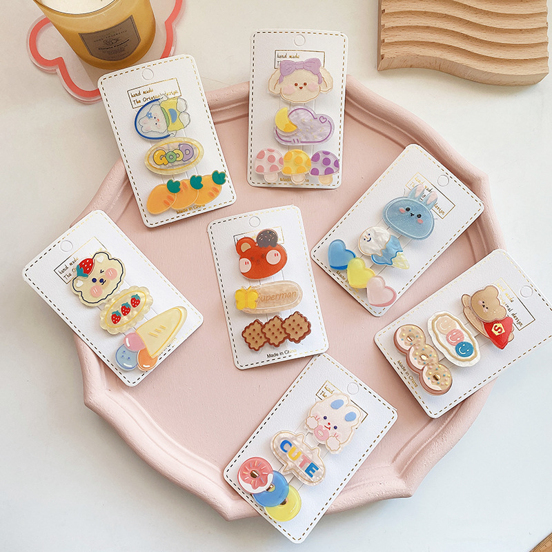 3 Korean-style cute acrylic animal side clips with a girlish heart, super cute and versatile children's hair clips