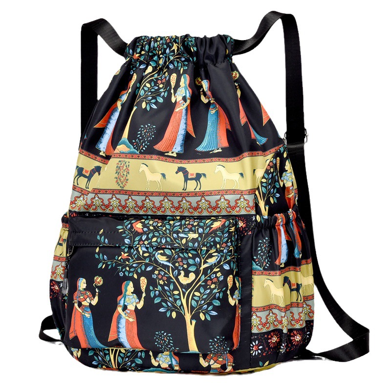 National Style Lightweight Nylon Fabric Bunches Backpack Leisure Drawstring Bucket Bundle Pocket National Style Travel Backpack Item Picture