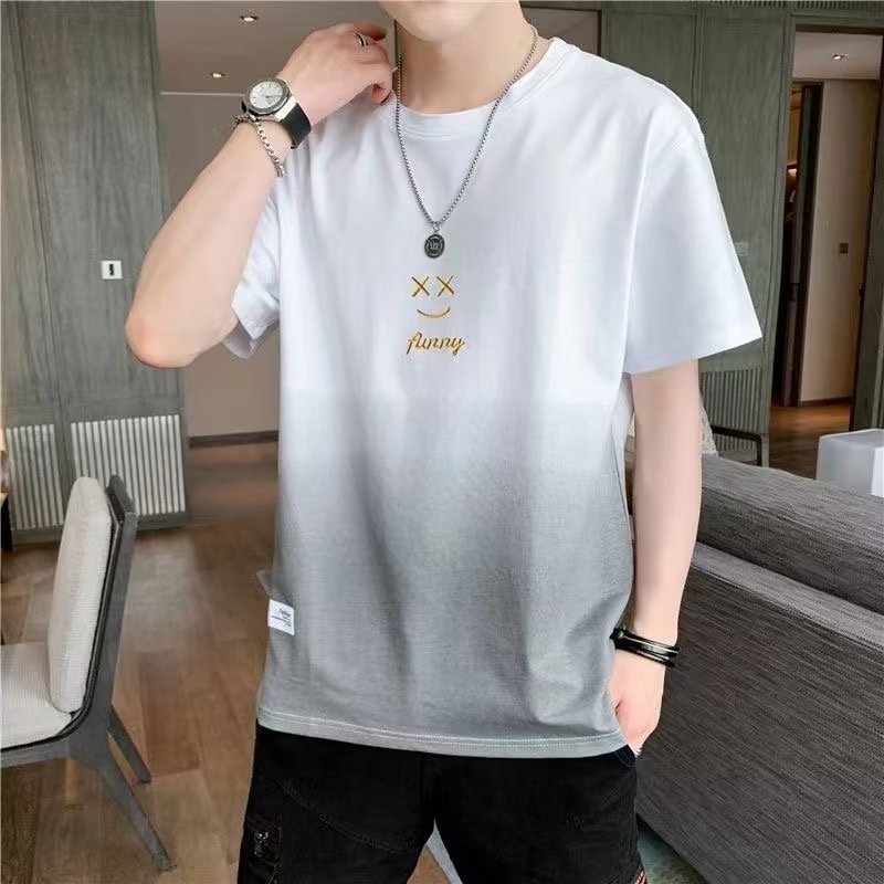 The source of the manufacturer's gradient color smiling short-sleeved T-shirt for men in the summer of 2024, a trendy brand with a half-sleeved design and breathable body