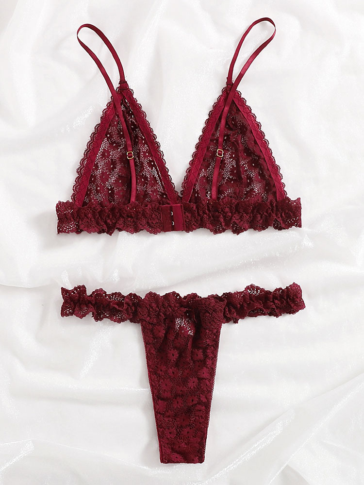Foreign trade sexy underwear bra French thin comfortable three-point set lace pajamas bikini details Picture