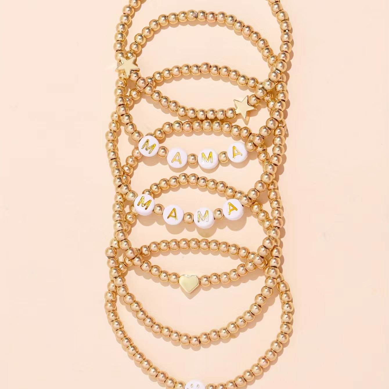 A cross-border best-selling acrylic gold letter MAMA heart gold bead beaded bracelet 6-piece set, suitable for Mother's Day bracelets details Picture