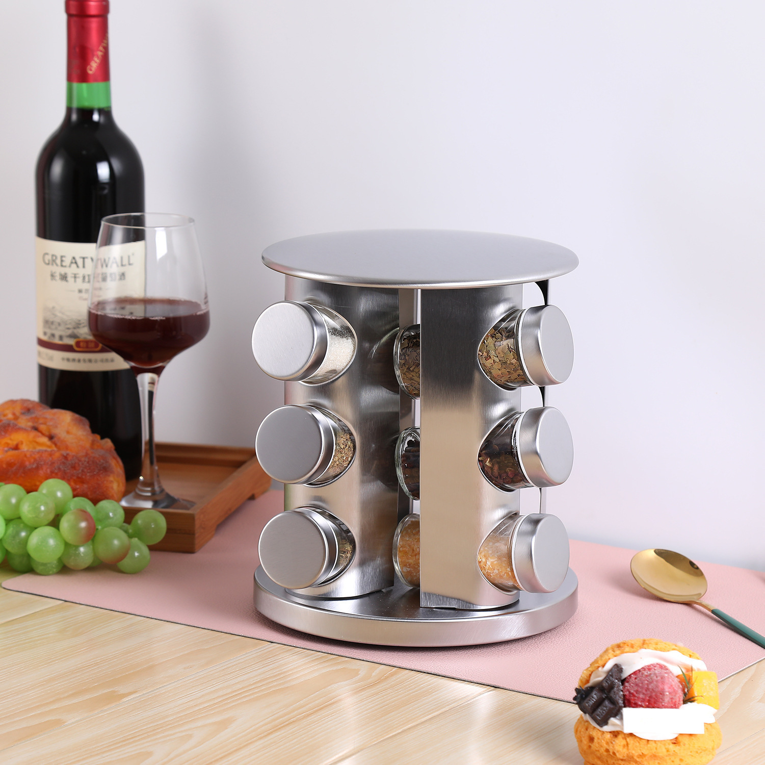 Household rotating seasoning jar, stainless steel spice storage box, round seasoning jar, stainless steel set details Picture