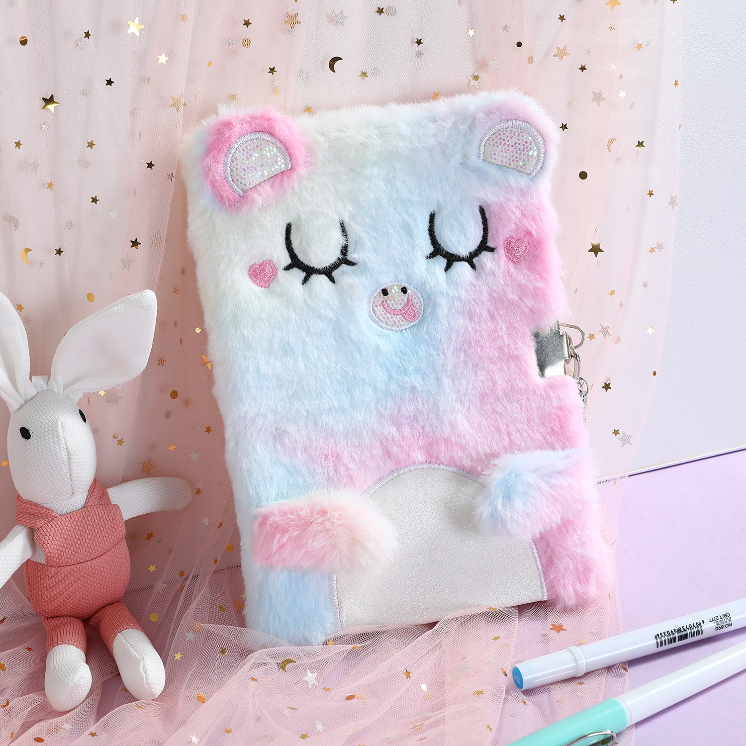 Qianyu Culture Cartoon Cat With Lock Plush Diary Children Gift Little Princess With Lock Notebook Student Girl Notebook Specification drawing