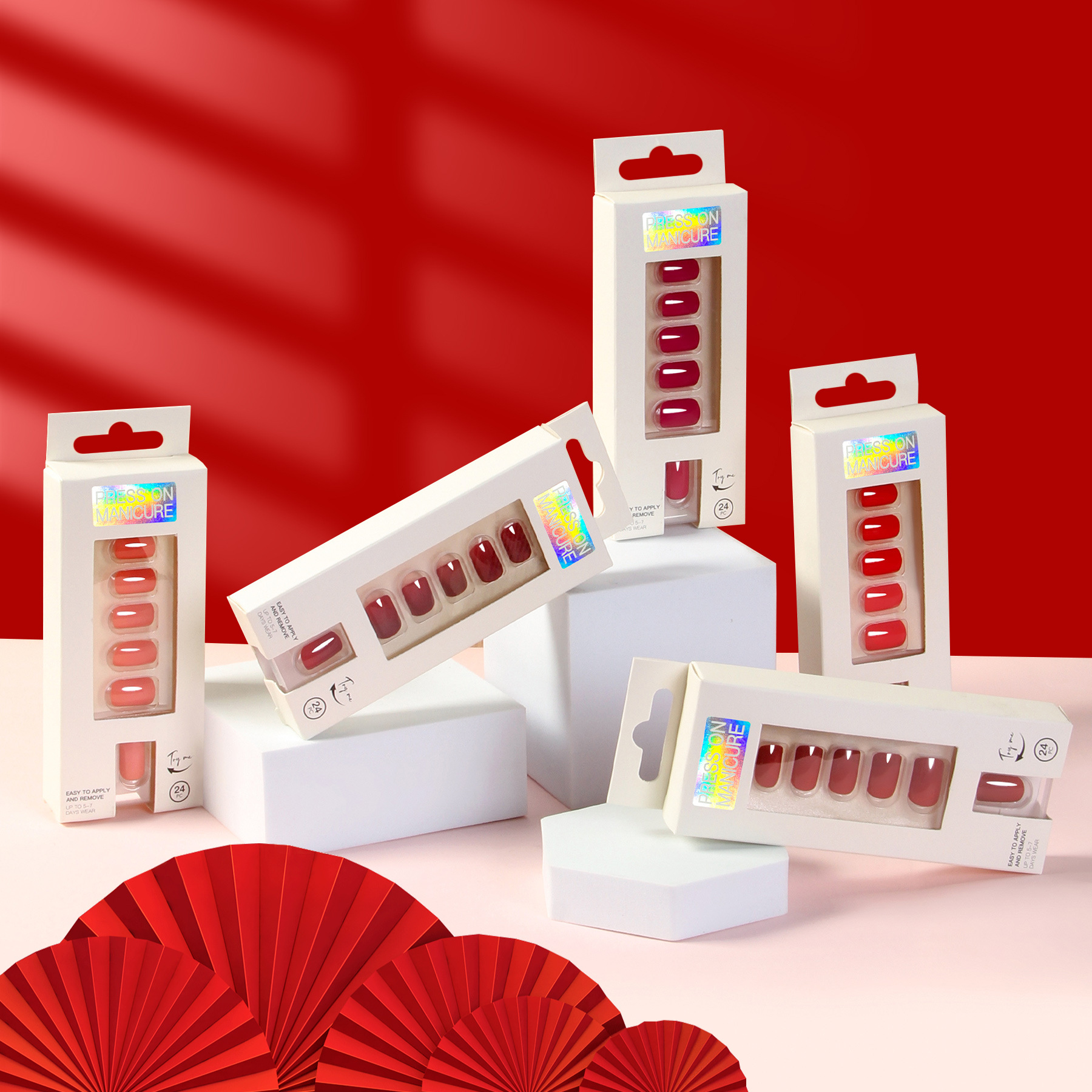New Year Wear Nails Festive Red Glue Back Self-Adhesive Nail 24 Pieces Short Square Fake Nails Wear Nails In The Year Of Dragon Specification drawing