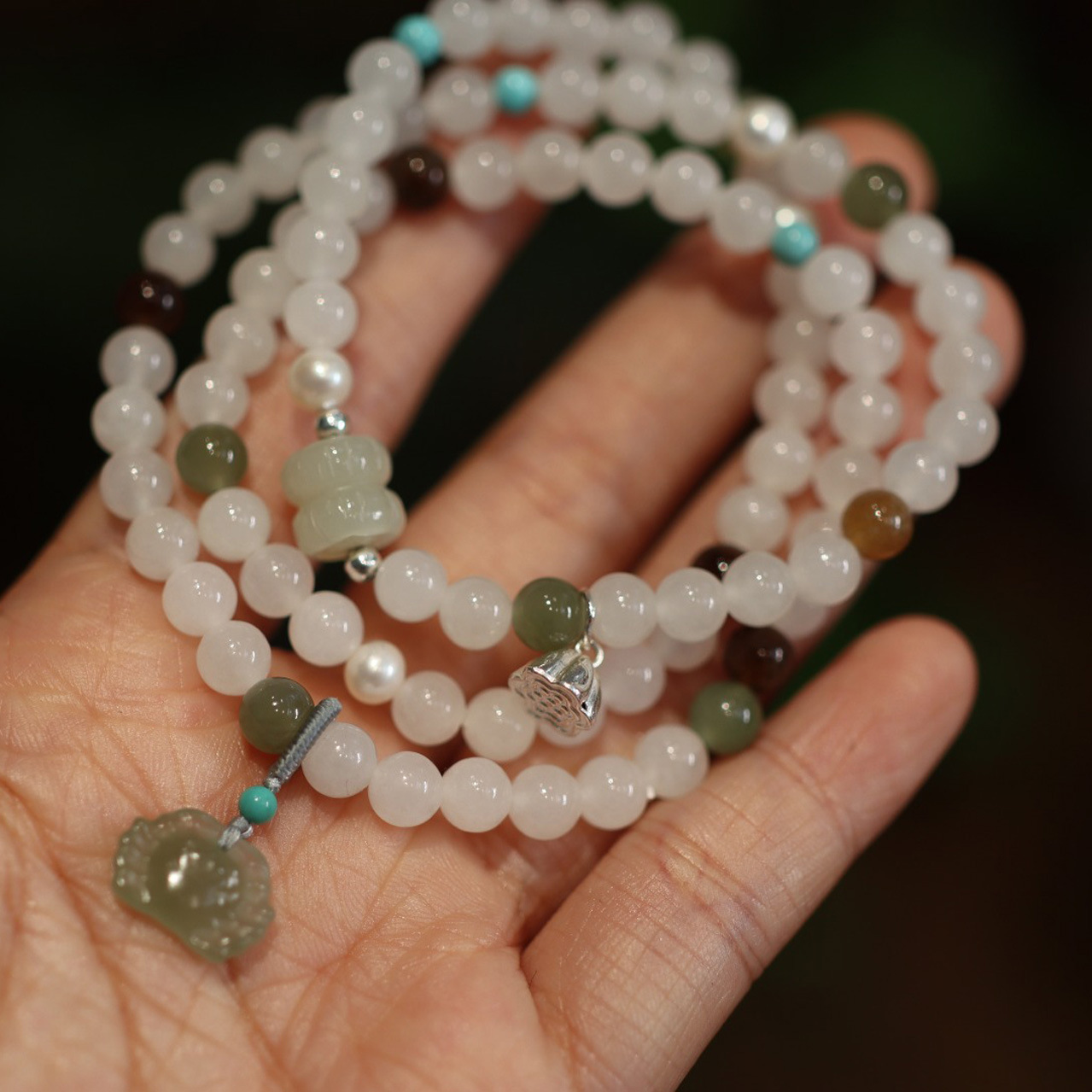 Natural 6mm Hetian white jade multi-treasure bracelet, Hetian jade crab pendant, multi-ring bracelet, retro style jewelry gift