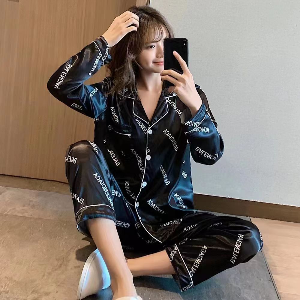 Factory foreign trade pajama women spring and autumn ice silk long sleeve pants summer ice silk simple fashion home wear set Specification drawing